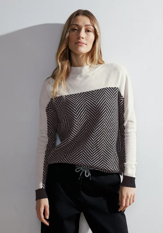 Cecil Herringbone High Neck Sweater, Black Cashmere Blend Cotton Blend Poly Blend