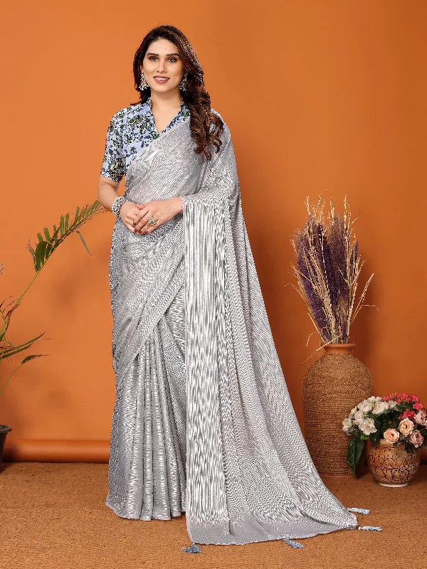 Women Grey Polyester Zari Plain Saree With Un-Stiched Blouse Everyday Stylish Blouse