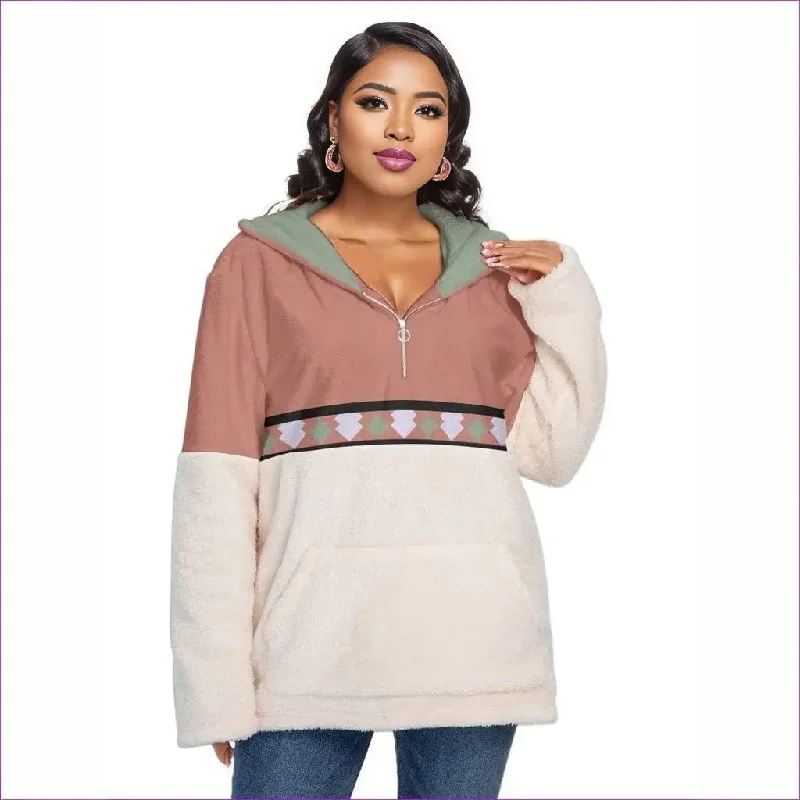 Eclectic Womens Block Borg Hoodie With Half Zip Voluptuous (+) Plus Size Hoodie with Color Block Contrast Stylish