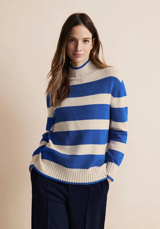 Street One High Neck Stripe Knit Sweater, Fresh Intense Blue Spandex Blend Rayon Blend Denim Blend