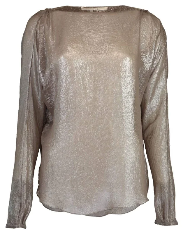 Long Sleeve Metallic Blouse Collared Satin Blouse