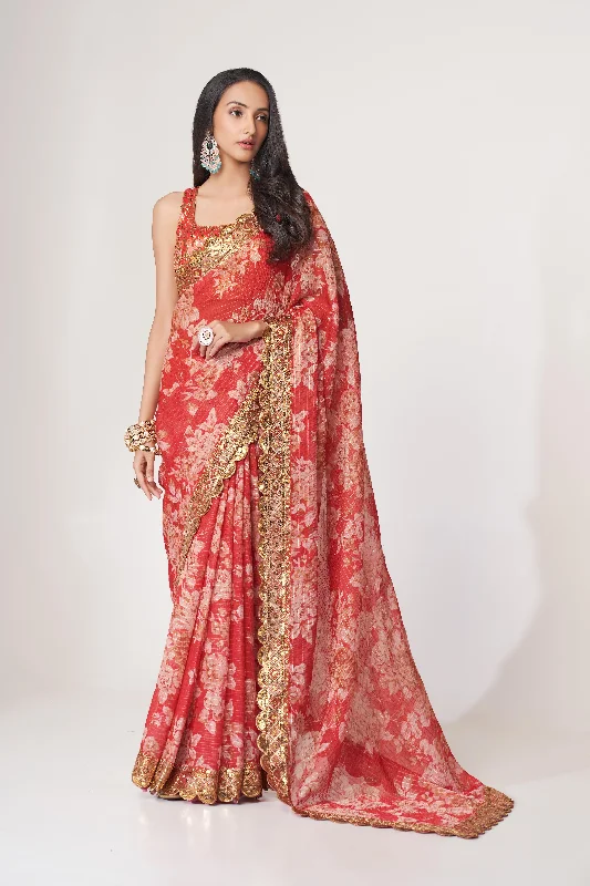 Women Red Organza Sequins Embroidery Work With Digital Print Saree With Un-Stiched Blouse Peter Pan Blouse