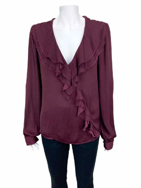 Paige, Women's Ruffle Front Blouse, Dark Currant, Size M Silky Draped Blouse