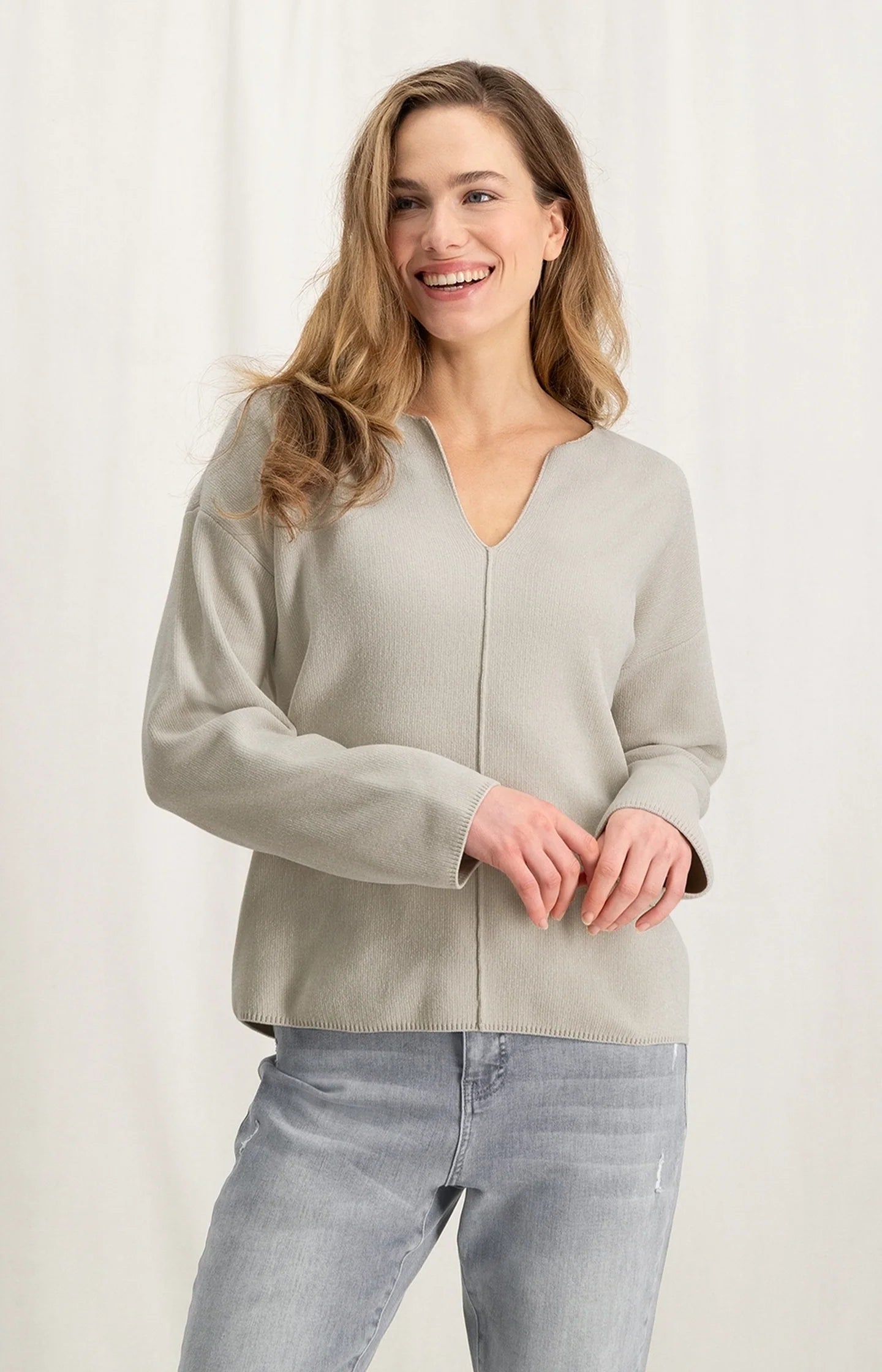 YAYA Seam Detail V-Neck Chenille Sweater, Silver Lining Beige Satin Fabric Silk Fabric Chiffon Fabric