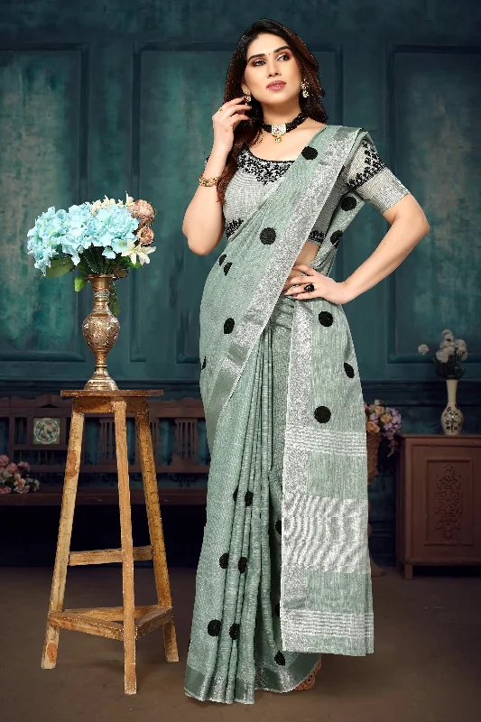 Women Party Wear Embroidery Worked Pure Soft Cotton Silk Saree with Un Stitched Blouse Modern Oversized Blouse