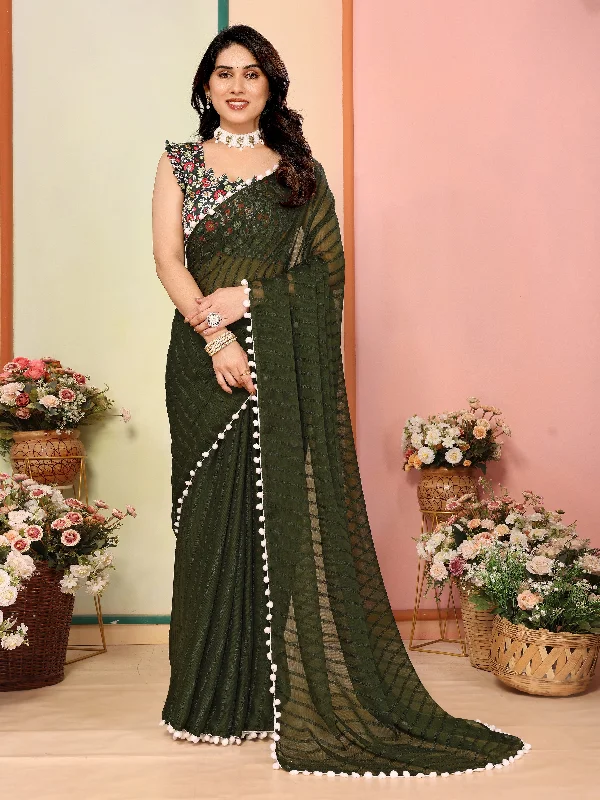 Women Mehendi Georgette Patta Plain Saree With Un-Stiched Blouse Gathered Detail Blouse