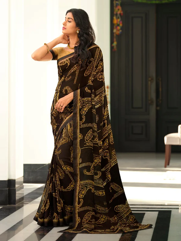 Women Dark Brown Georgette  Printed Saree With Un-Stiched Blouse Embellished Collar Blouse