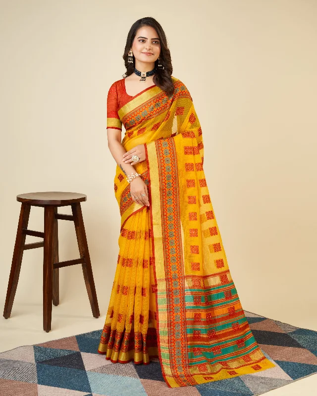 Women Yellow Kota Doriya Soft Silk Weaving Work Saree With Un-Stiched Blouse Soft Satin Blouse