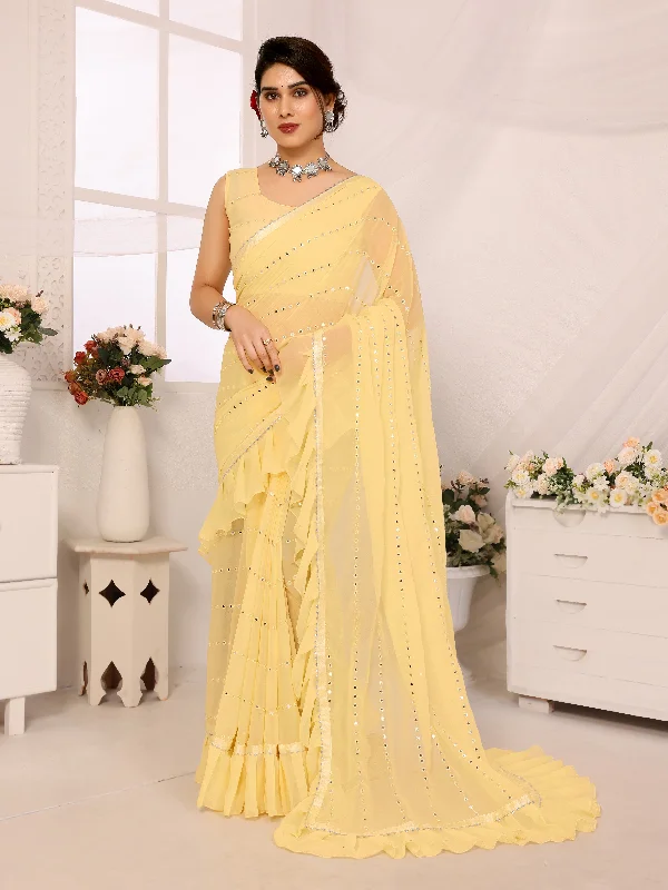 Women Yellow Georgette Mirror Work Saree With Un-Stiched Blouse Soft Satin Blouse