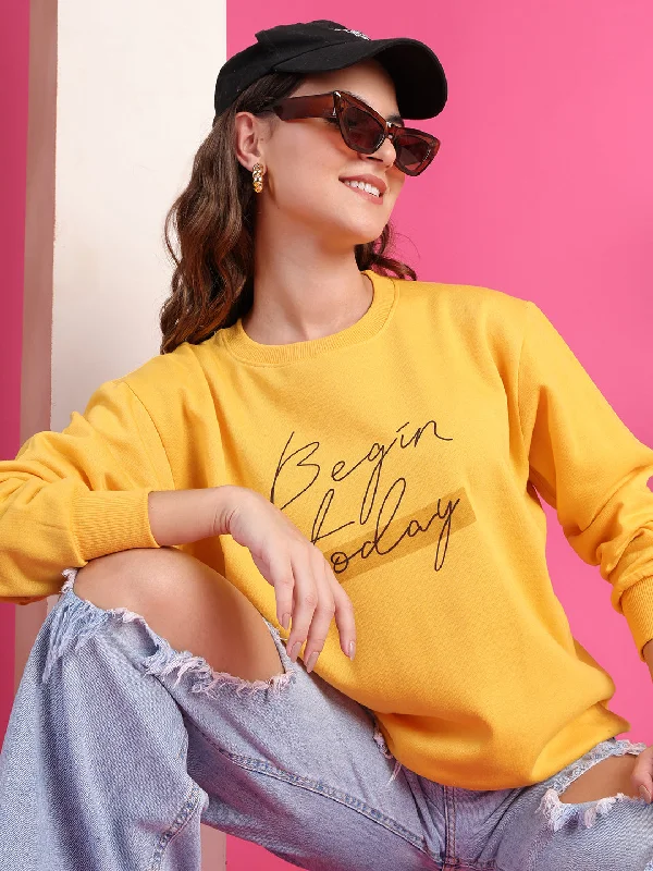 VimaL Jonney Regular Fit Yellow Printed Sweatshirt For Women Hoodie with Puffed Sleeves Voluminous Trendy