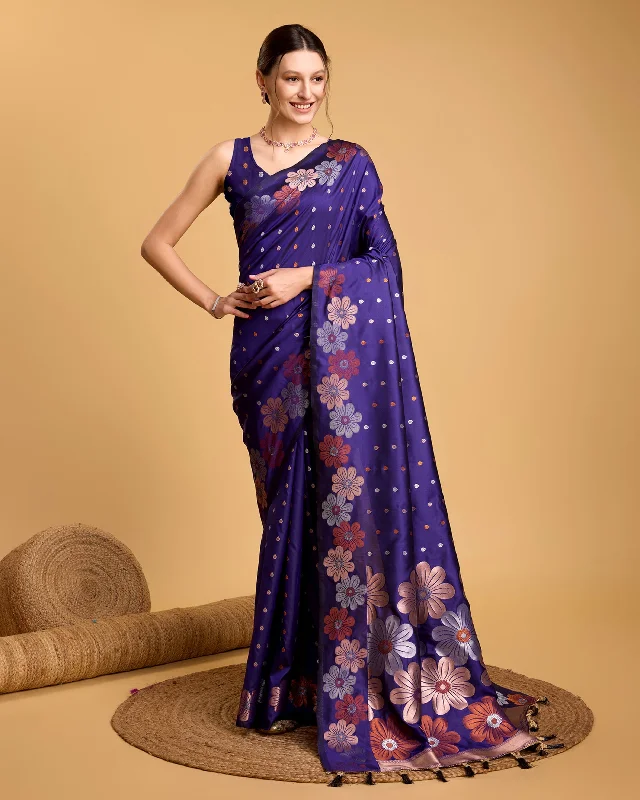 Women Violet Pure Jacquard Weaving Work Saree With Un-Stiched Blouse Peter Pan Collar Blouse