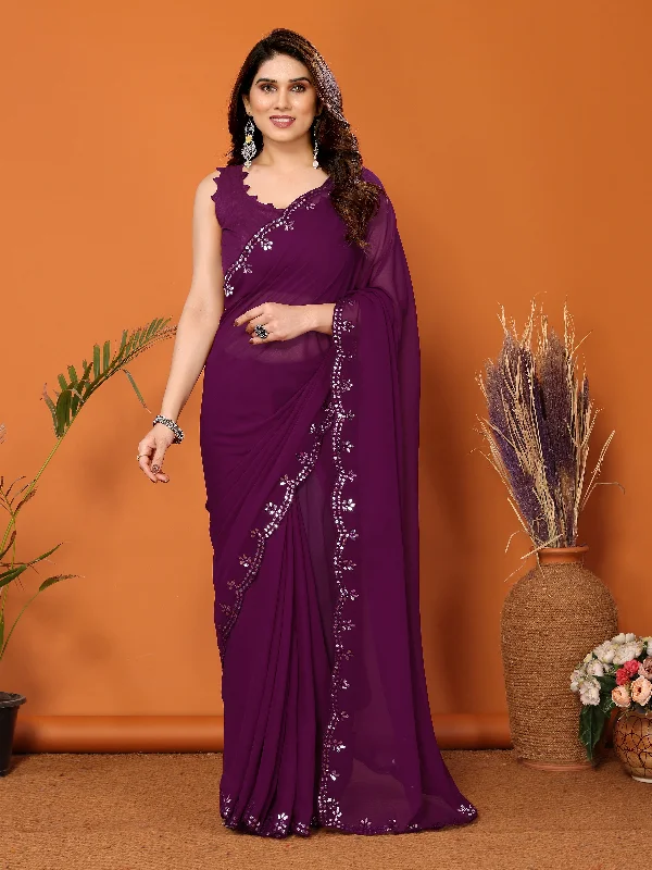 Women Purple Georgette Plain Saree With Un-Stiched Blouse Stylish Wrap Blouse