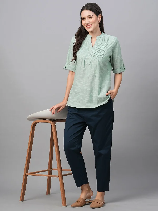 Women's Green Cotton Regular Fit Blouse Lightweight Linen Blouse