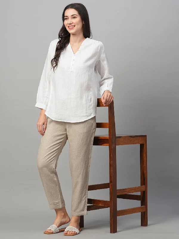 Women's White Linen Loose Fit Blouse Embellished Collar Blouse