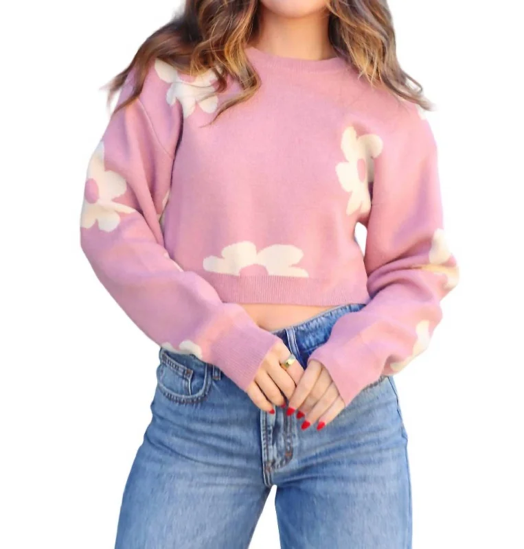 Picking Daisy Crop Sweater In Pink Cream Mesh Sweater Canvas Denim