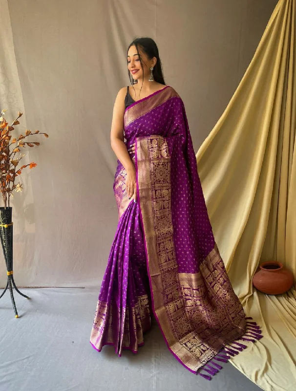 Women Purple Soft Silk  Weaving Work Saree With Un-Stiched Blouse Drape Neck Blouse