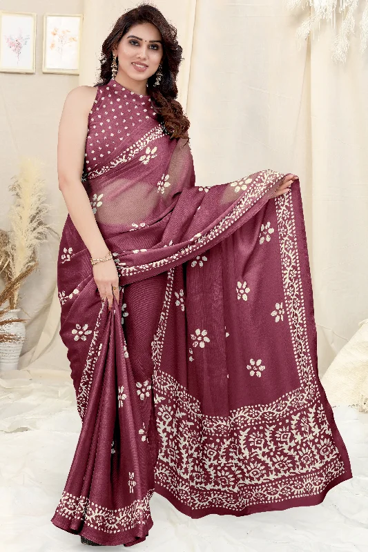 Women Wine Chinon Shiffon Printed Saree With Un-Stiched Blouse Side Tie Blouse