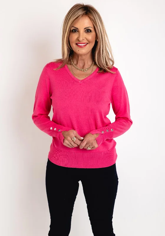 Micha V-Neck Autumn Viscose Knit Sweater, Pink Chenille Blend Fleece Blend Nylon Blend