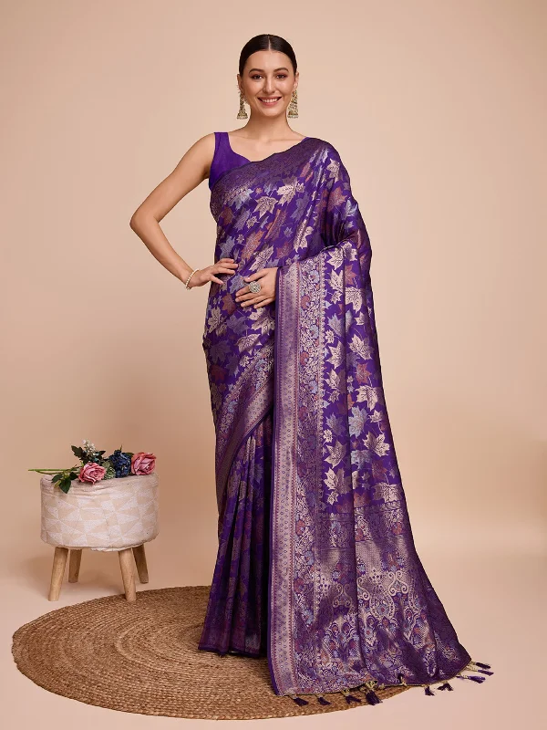 Women Indigo Kota Doriya Soft Silk Weaving Work Saree With Un-Stiched Blouse Satin Bow Blouse