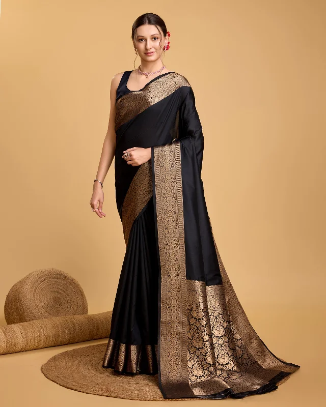 Women Black Pure Silk Weaving Work Saree With Un-Stiched Blouse Lightweight Linen Blouse