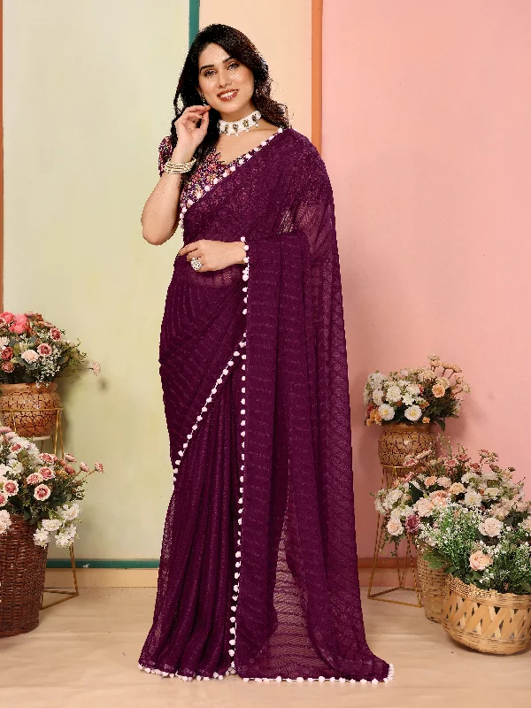 Women Purple Georgette Patta Plain Saree With Un-Stiched Blouse Satin Bow Blouse