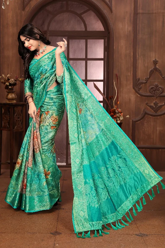 Women Party Wear Printed and Jari Weaving Jeaquard Silk Saree with Un Stitched Blouse Oversized Silk Blouse