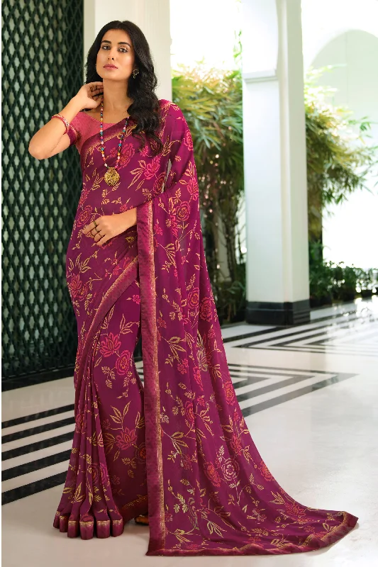 Women Wine Georgette  Printed Saree With Un-Stiched Blouse Asymmetric Hem Blouse