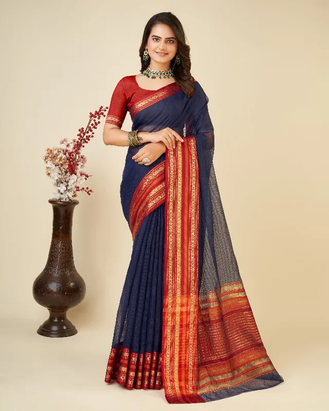 Women Blue Kota Doriya Soft Silk Weaving Work Saree With Un-Stiched Blouse Casual Relaxed Blouse