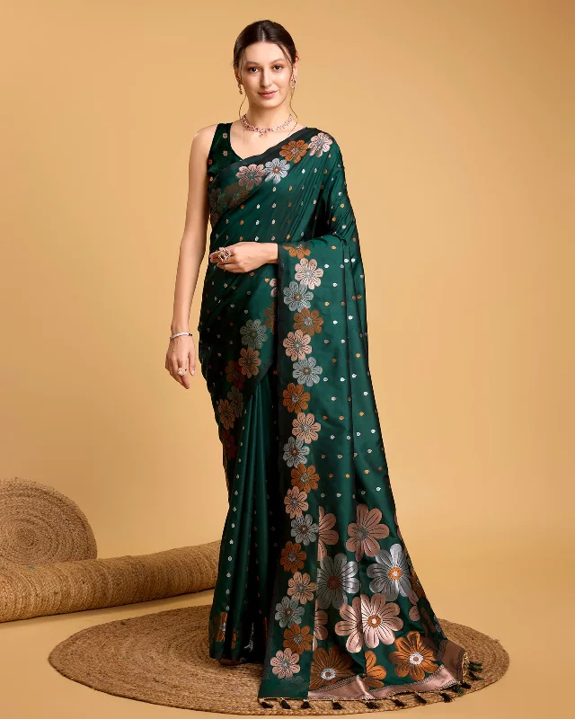 Women Green Pure Jacquard Weaving Work Saree With Un-Stiched Blouse Asymmetric Hem Blouse