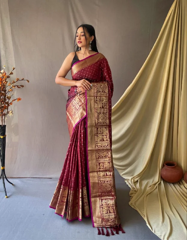 Women Maroon Soft Silk  Weaving Work Saree With Un-Stiched Blouse Loose Fit Blouse