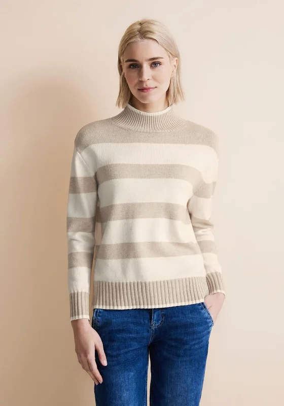 Street One High Neck Stripe Knit Sweater, Lucid White Chenille Blend Fleece Blend Nylon Blend