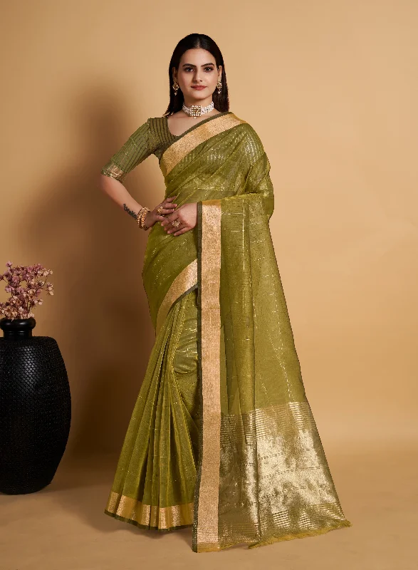 Women Mahendi Organza Silk Weaving Work Saree With Un-Stiched Blouse Smart Business Blouse