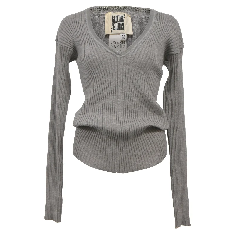 Jean Paul Gaultier Ribbed Knit V-Neck Sweater in Grey Wool Tailored Straight A-Line