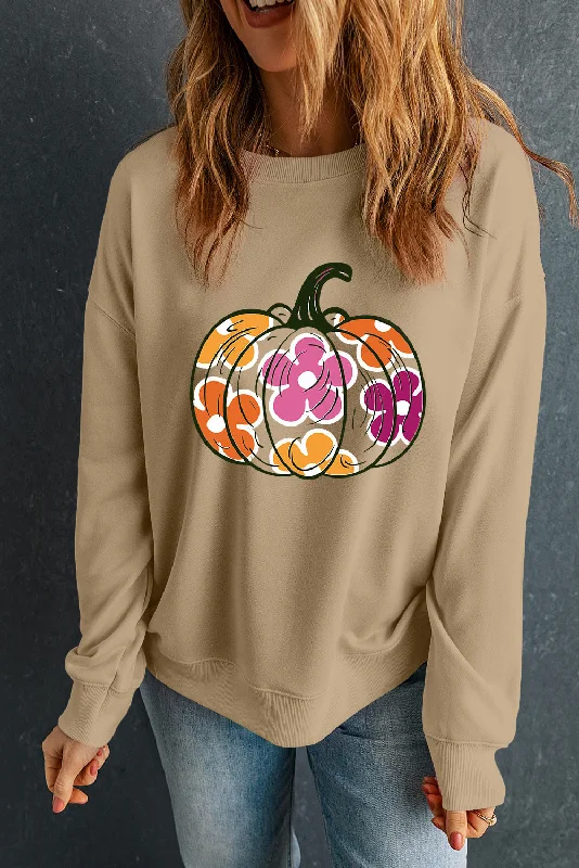 Pumpkin & Flower Graphic Long Sleeve Sweatshirt Hoodie with Pocket Utility Practical