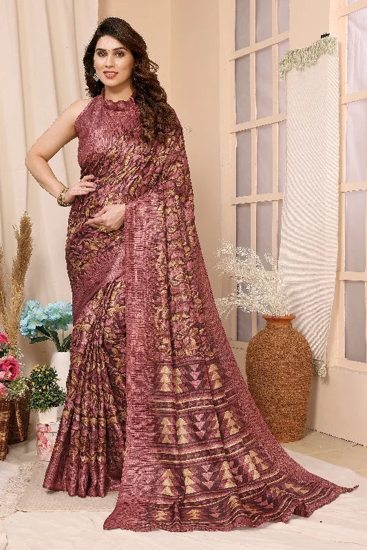 Women Maroon Khadi Printed Saree With Un-Stiched Blouse Elegant Peplum Blouse