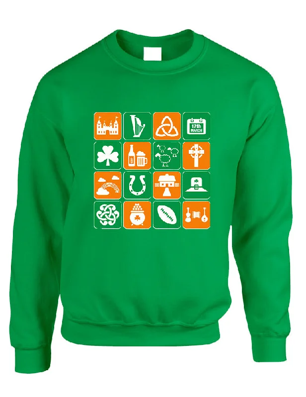 Adult Sweatshirt Irish Icons St Patrick's Day Symbols Top Hoodie with Mock Neck Collared Structured