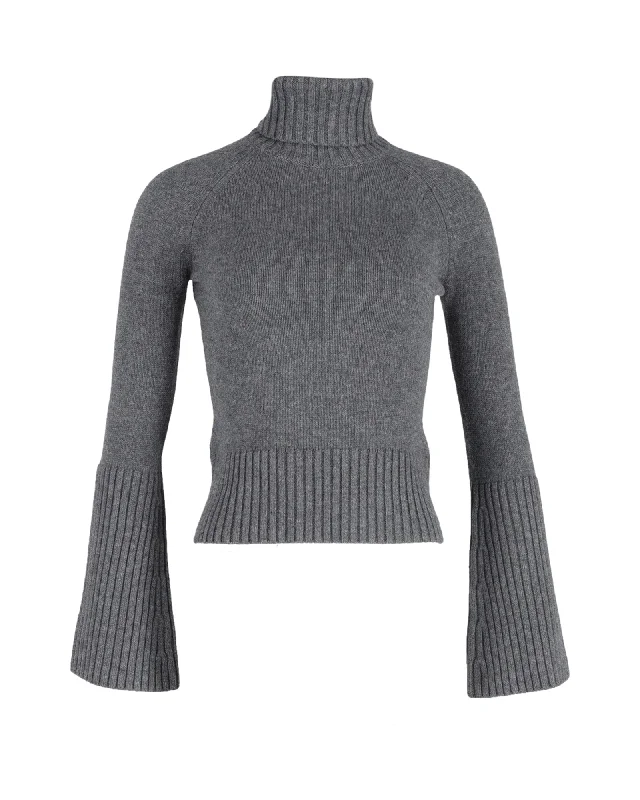 Michael Kors Flared Sleeve Turtleneck Sweater in Grey Cotton Satin Blend Silk Blend Wool Blend