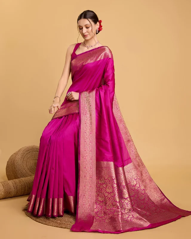 Women Pink Pure Silk Weaving Work Saree With Un-Stiched Blouse Feminine Puff Blouse