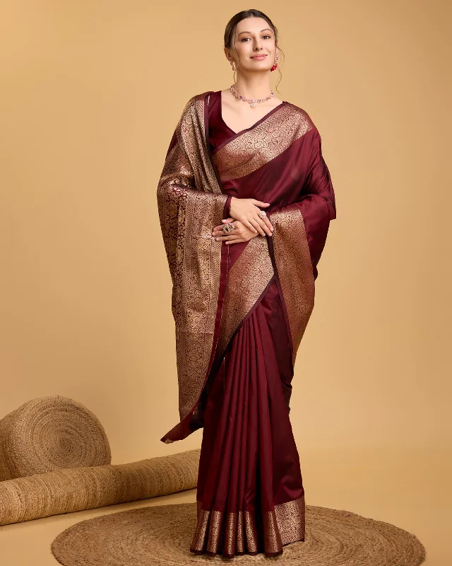 Women Maroon Pure Silk Weaving Work Saree With Un-Stiched Blouse Embellished Collar Blouse