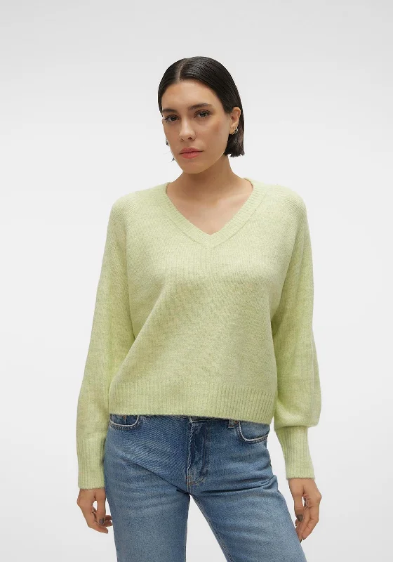 Vero Moda Elly V-Neck Knitted Sweater, Light Green Stretchy Elastic Breathable