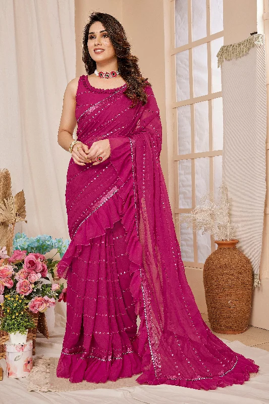 Women Pink Georgette Mirror Work Saree With Un-Stiched Blouse Feminine Tie Blouse