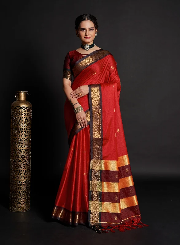 Women Red Lichi Soft Silk Weaving Work Saree With Un-Stiched Blouse Lightweight Floral Blouse