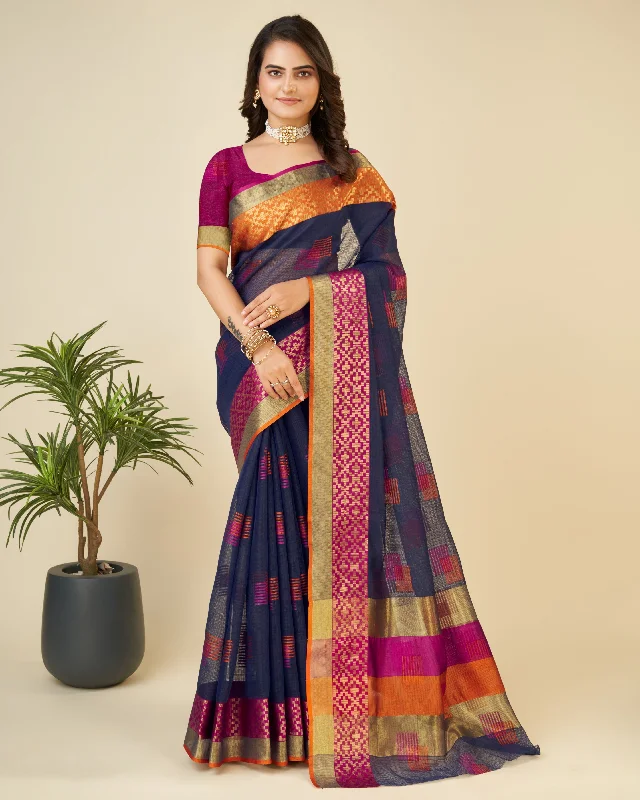 Women Dark Blue Kota Doriya Soft Silk Weaving Work Saree With Un-Stiched Blouse Sheer Mesh Blouse