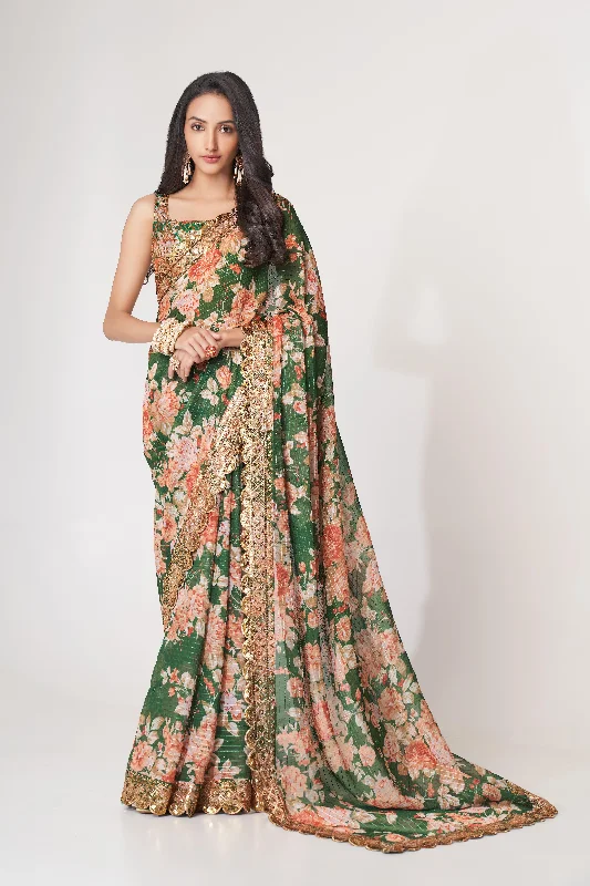 Women Green Organza Sequins Embroidery Work With Digital Print Saree With Un-Stiched Blouse Cotton Casual Blouse