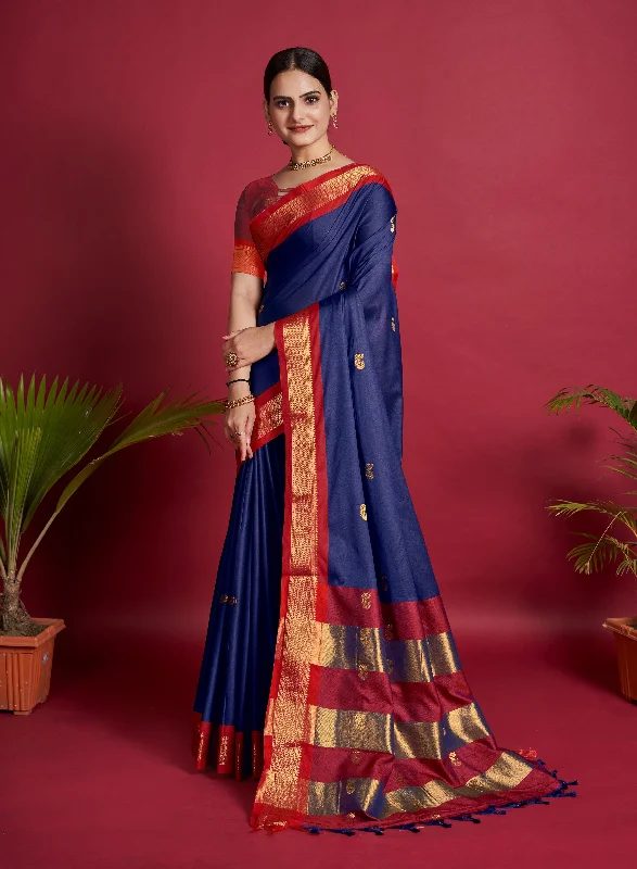 Women Deep Blue Lichi Soft Silk Weaving Work Saree With Un-Stiched Blouse Loose Oversized Blouse