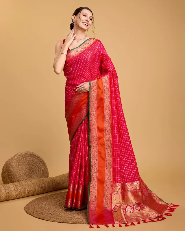 Women Rani Pure Jacquard  Weaving Work Saree With Un-Stiched Blouse Wrap Front Blouse