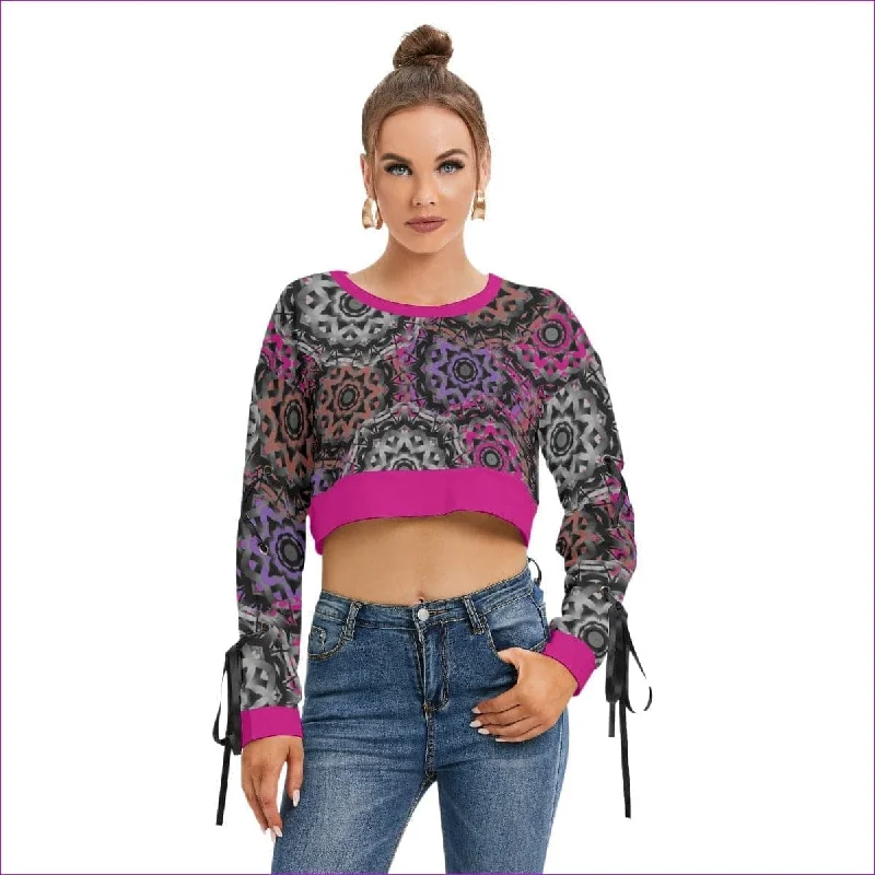 Mandala Graffiti Womens Long Lace Up Sleeve Cropped Sweatshirt Hoodie with Sequins Glamorous Eye-catching