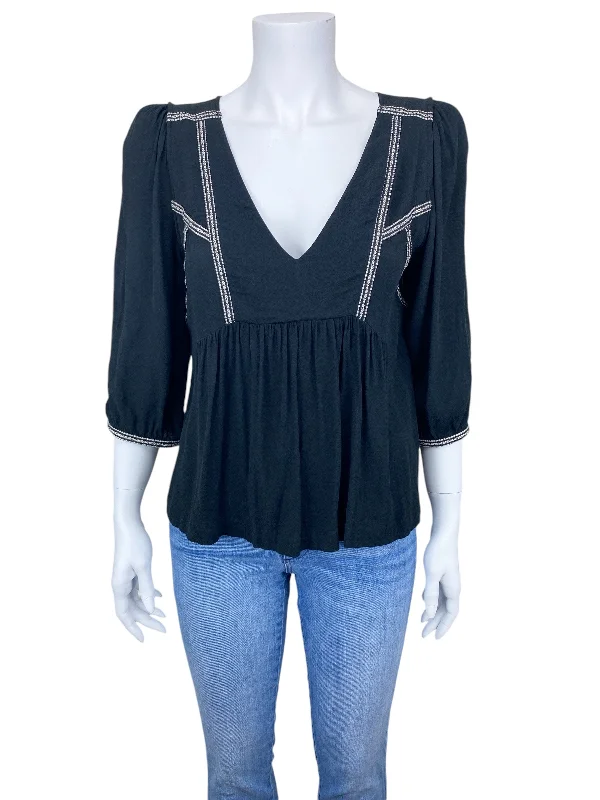 ba&sh Women's Amber Embroidered Trim Peplum Blouse Black S Romantic Lace Blouse