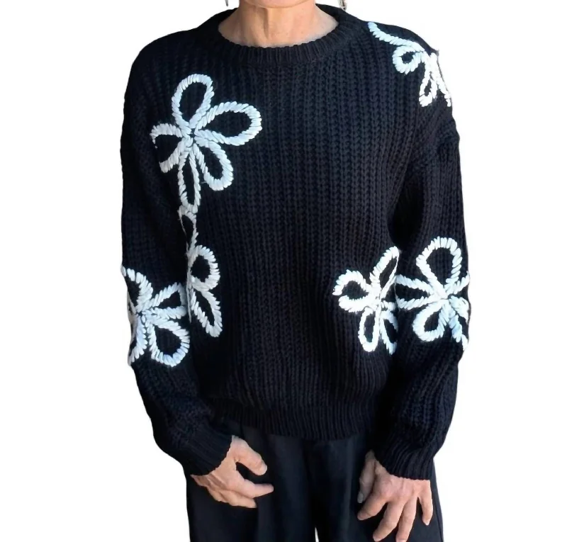 Floral Contrast Stitch Sweater In Black & Ivory Neon Metallic Matte