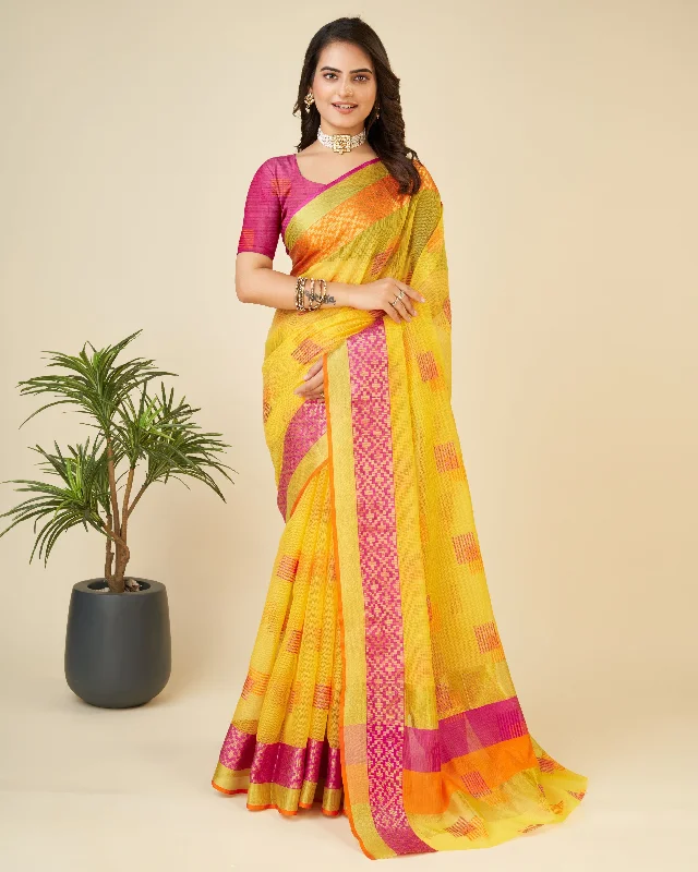 Women Yellow Kota Doriya Soft Silk Weaving Work Saree With Un-Stiched Blouse Loose Fit Blouse